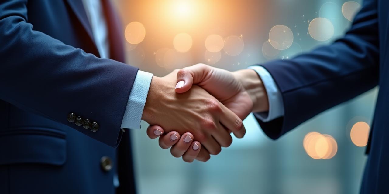 Illustration of two hands shaking over a complex financial graph with pigment swatches