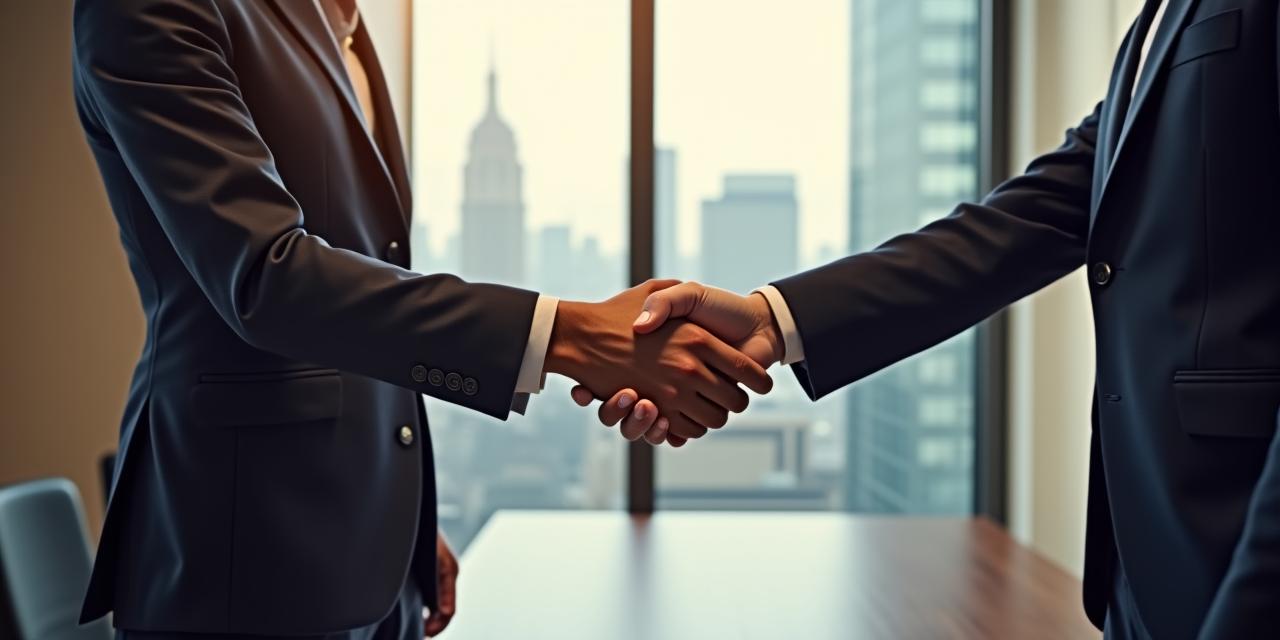 Professional handshake in a modern office setting, symbolizing a new partnership