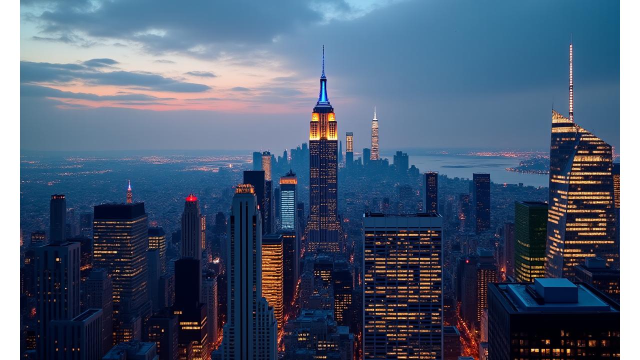 Stylized New York City skyline at dusk, representing global finance and culture