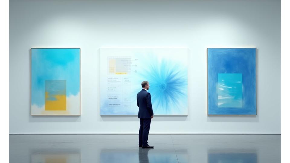 Stylized image showing art gallery with projected color trends over paintings