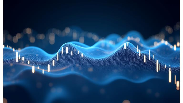 Abstract visualization of color trend data flowing on a digital interface with holographic elements