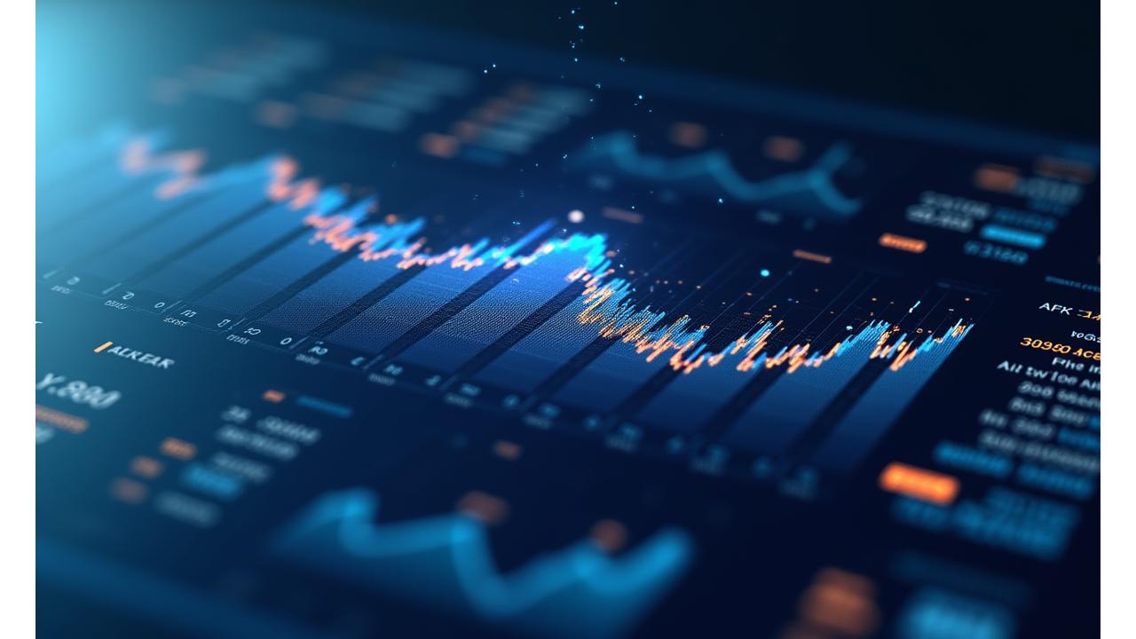 An abstract representation of an AI-powered investment dashboard with financial charts, graphs, and pigment color swatches, illustrating cutting-edge digital asset allocation tools