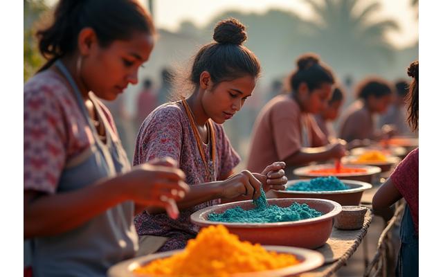 A warm, authentic image of local artisans in a community setting, demonstrating traditional pigment-making techniques, with a focus on their empowered involvement.