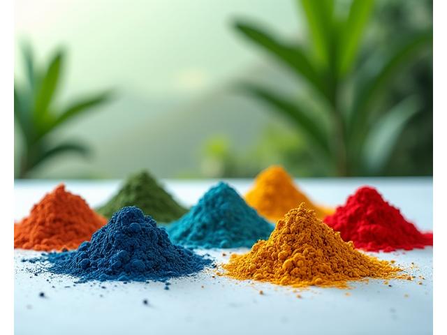 A vibrant palette of ethically sourced natural pigments, artfully arranged, against a blurred background of a serene, sustainable landscape.