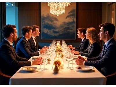 Elegant private dining event with diverse collectors discussing art, soft lighting