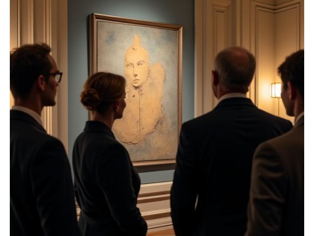 Curator guiding a small group through a private art collection, rich colors and sophisticated ambiance