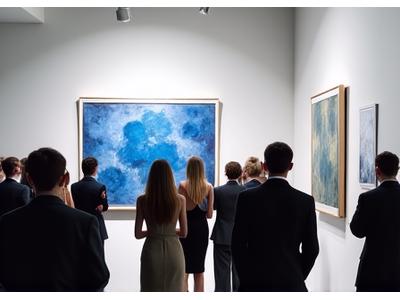 Guests at a private gallery opening, admiring modern art, ambient lighting