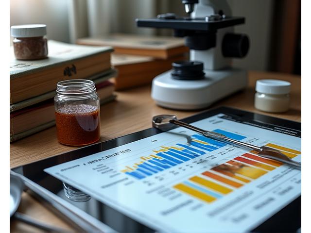 A finely detailed pigment analysis chart with a magnifying glass and historical color swatches, representing deep research