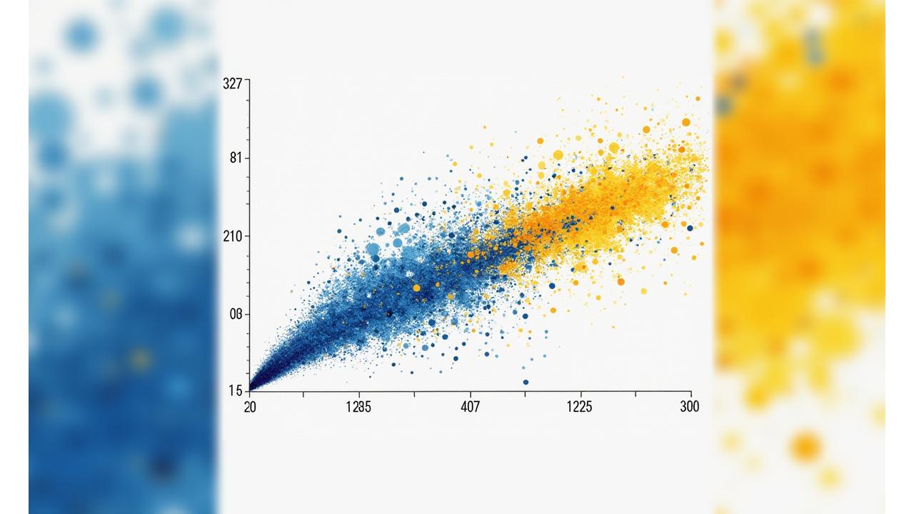 A correlation analysis visualization using a scatter plot and trend lines, illustrating the relationship between rare pigment use in historical artworks and their auction values over time.