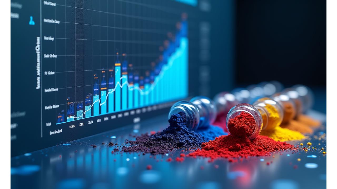 An investment opportunity matrix visualizing pigments based on risk-return profiles, with filtering tools to identify high-potential categories. Shows diverse pigment samples.
