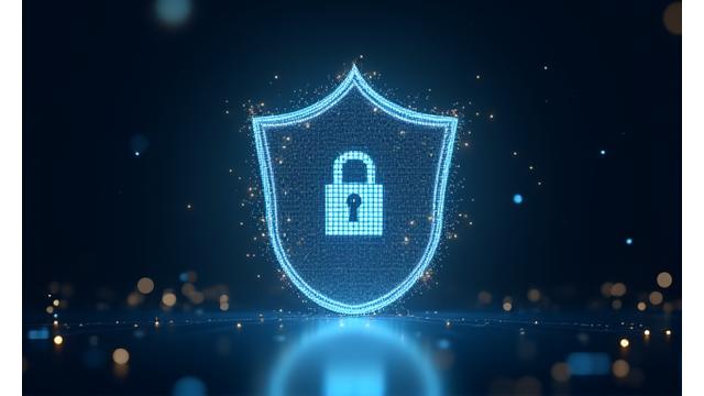 Abstract depiction of a digital shield protecting data, with glowing blue lines representing security protocols.