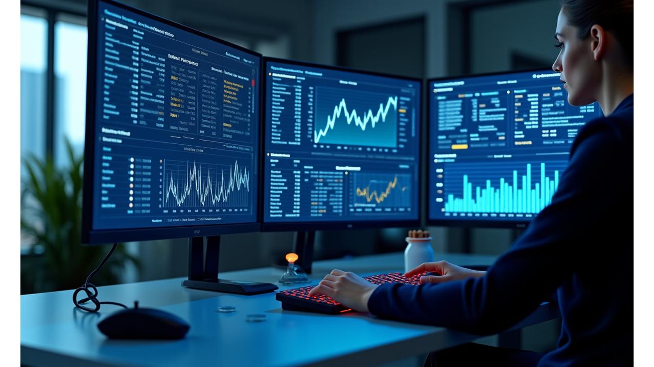 Modern financial dashboard displaying portfolio performance, pigment market trends, and AI analysis on multiple screens, emphasizing technological sophistication.