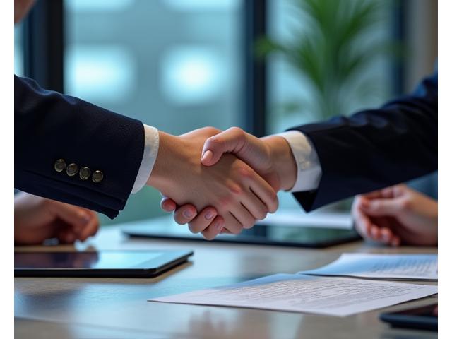 Two hands firmly shaking over a blurred financial document, symbolizing client responsibility and mutual agreement.