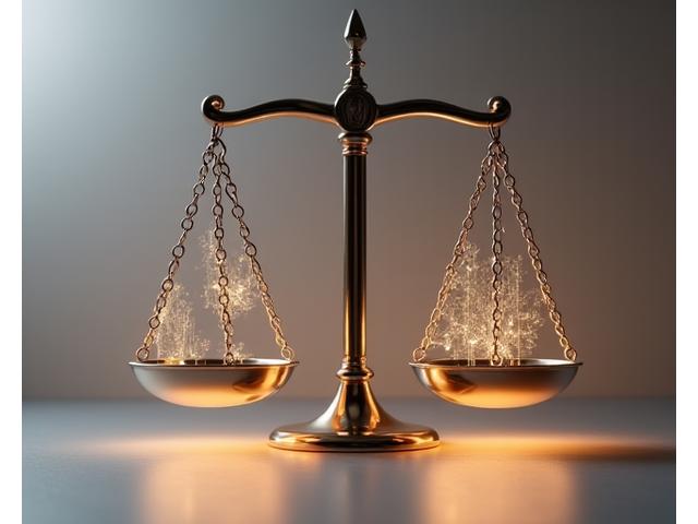Sophisticated balance scales with glowing light, representing fairness, dispute resolution, and legal proceedings.