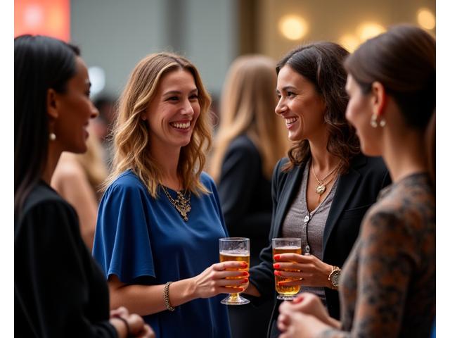 Professional women engaging in lively discussion at a networking event, symbolizing community and collaboration.