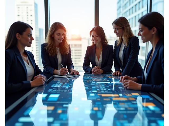 Diverse group of successful women collaborating in a modern, light-filled office, symbolizing empowerment and innovation in finance.