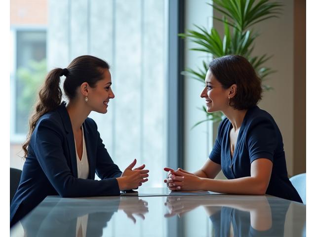 A female financial advisor engaging with a client across a table, showing personalized support in a modern office.
