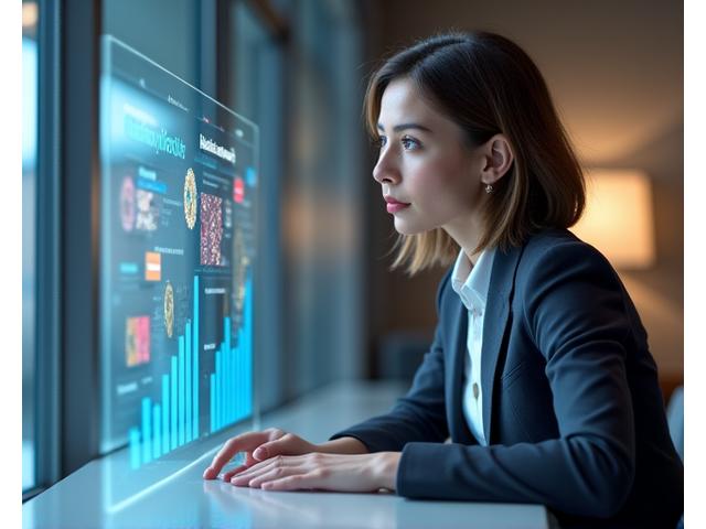 A diverse woman analyzing a stylized financial growth chart with color palette samples, representing tailored investment strategies.